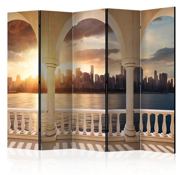 Paravento Sogno di New York II - skyline di grattacieli al tramonto