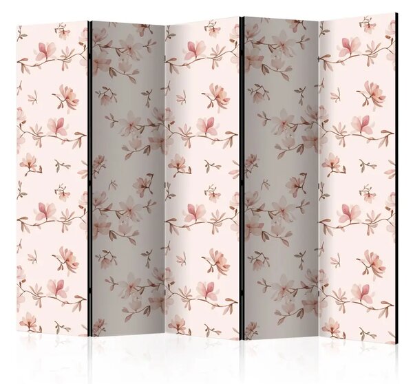 Paravento separè Ramoscelli di magnolia II - fiori colorati su sfondo rosa pastello