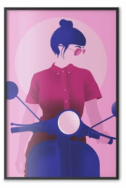 Poster: Donna in scooter - donna su scooter in tonalità pastello rosa