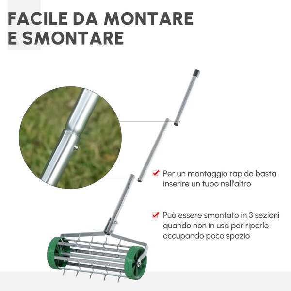 Outsunny Rastrello Scarificatore con Ruote da Giardino in Ferro zincato 135×42×15cm, Verde e argento | Aosom Italy
