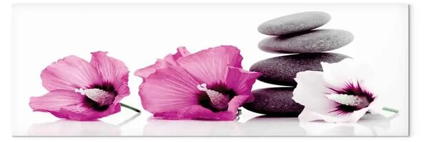Quadro su tela Fiori rosa con pietre - composizione Feng Shui con alcee e pietre