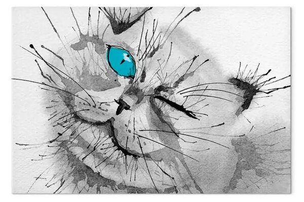 Quadro contemporaneo Gatto grigio con un occhio blu - tema animale in colori grigi