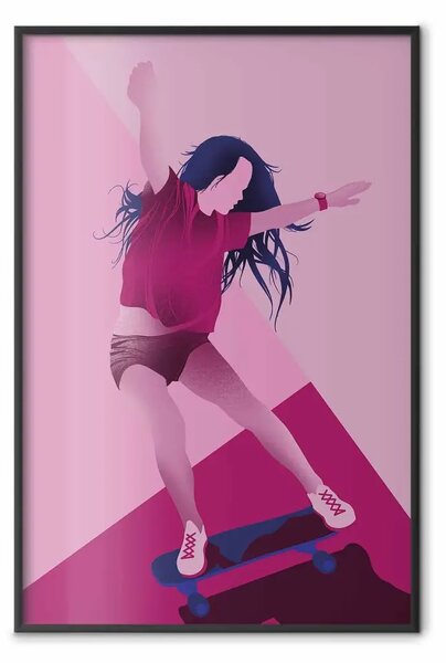Poster: Powerslide - donna che scivola su skateboard in motivo rosa pastello