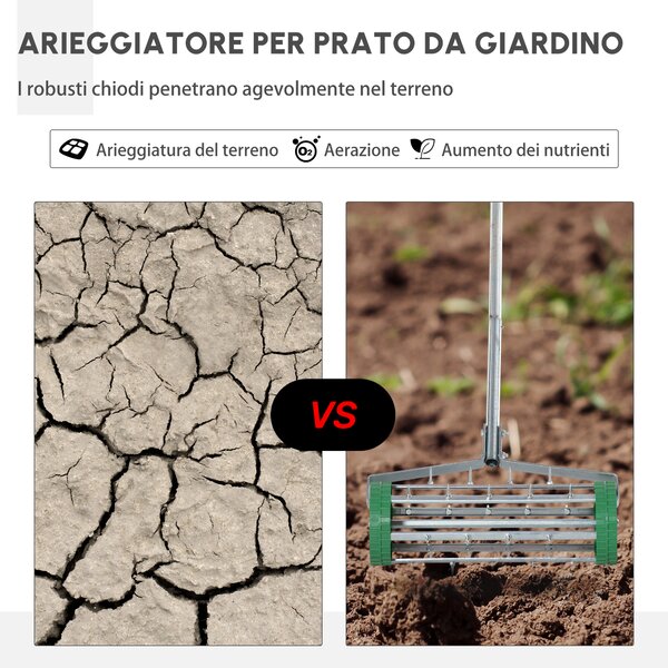 Outsunny Rastrello Scarificatore con Ruote da Giardino in Ferro zincato 135×42×15cm, Verde e argento | Aosom Italy