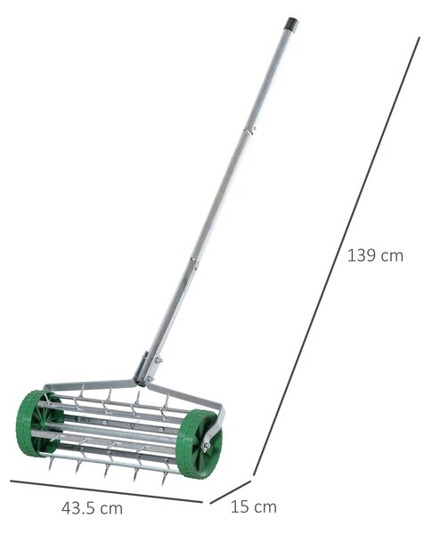 Outsunny Rastrello Scarificatore con Ruote da Giardino in Ferro zincato 135×42×15cm, Verde e argento | Aosom Italy