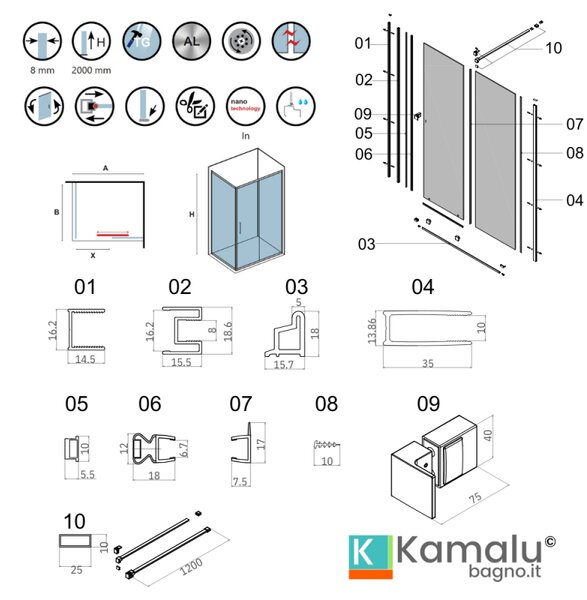 Kamalu box doccia 70x120 senza telaio scorrrevole 120 fisso 70 cm | knm4000w-c