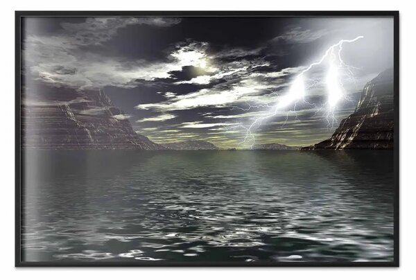 Poster: Tempesta lago - fulmini su lago con montagne