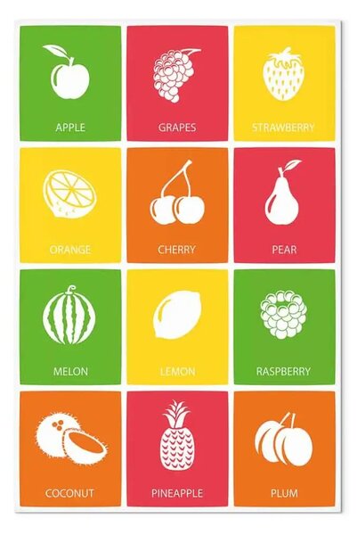 Quadro su tela Tabella della frutta - grafica con icone bianche e nomi inglesi
