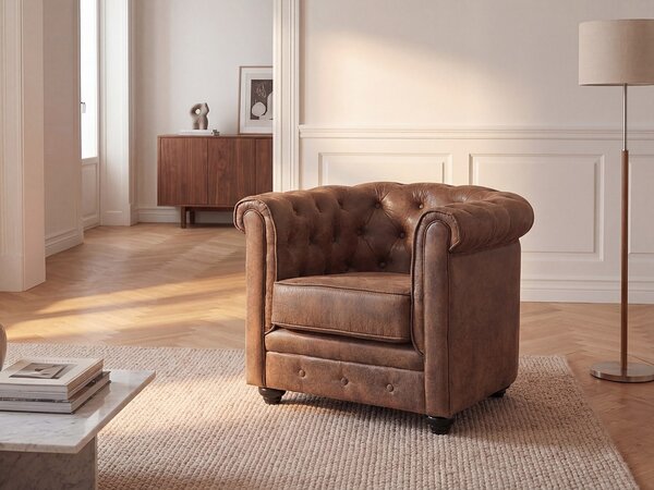 Poltrona CHESTERFIELD in microfibra aspetto cuoio invecchiato