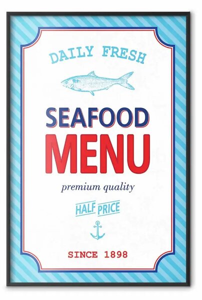 Poster: Menu - modello blu di pubblicità con scritte in inglese e pesci