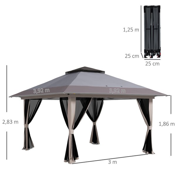 Outsunny Tenda Pieghevole Pop-up con Altezza Regolabile Protezione UV50+ Doppio Tetto e Zanzariere 4x4x2,8 m Grigio Chiaro | Aosom Italy