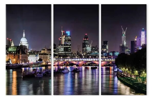 Quadro su tela Trittico sul fiume a Londra - una foto della città di notte con ponte