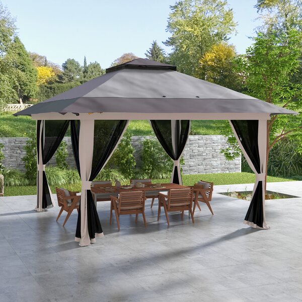 Outsunny Tenda Pieghevole Pop-up con Altezza Regolabile Protezione UV50+ Doppio Tetto e Zanzariere 4x4x2,8 m Grigio Chiaro | Aosom Italy