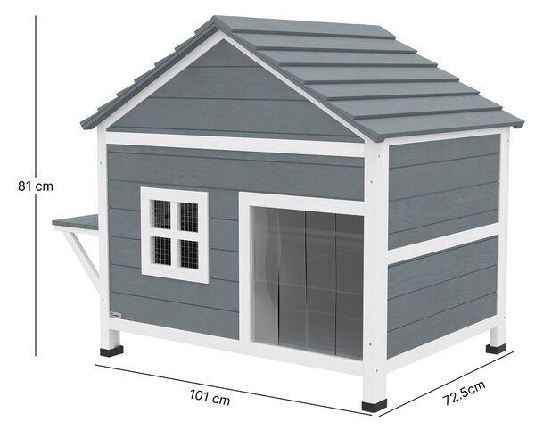 PawHut Casa per gatti in legno 2 piani Tana per gatti con tetto impermeabile apribile, piattaforma laterale, 101x72,5x81cm, Grigio | Aosom Italy