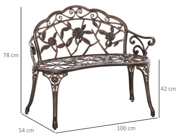 Outsunny Panchina da giardino 2 posti in metallo, panchina in stile retrò, panchina da parco con motivo floreale 100 x 54 x 78 cm, Bronzo | Aosom Italy