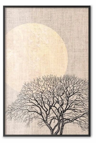 Poster: Luna piena mattutina - albero e luna gialla su texture tessile