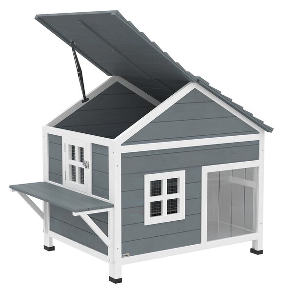 PawHut Casa per gatti in legno 2 piani Tana per gatti con tetto impermeabile apribile, piattaforma laterale, 101x72,5x81cm, Grigio | Aosom Italy