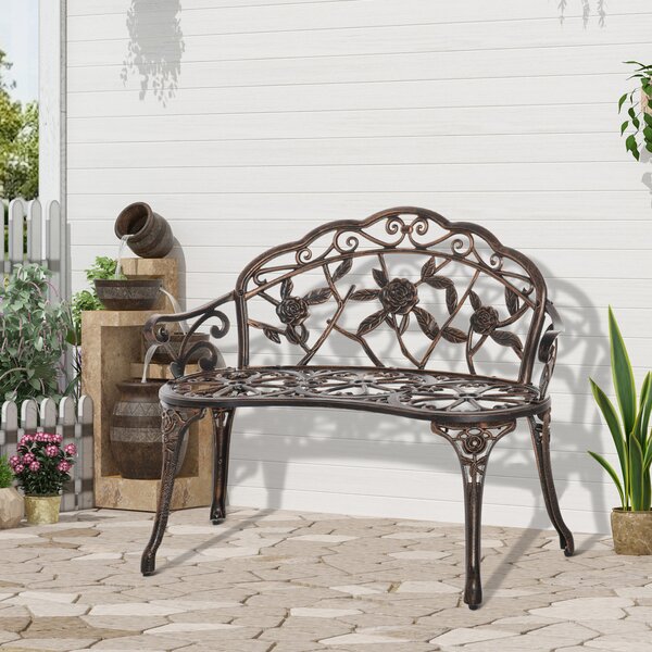 Outsunny Panchina da giardino 2 posti in metallo, panchina in stile retrò, panchina da parco con motivo floreale 100 x 54 x 78 cm, Bronzo | Aosom Italy