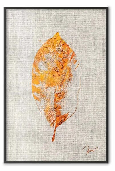Poster: Flora dorata - foglia autunnale arancione su texture tessile grigia