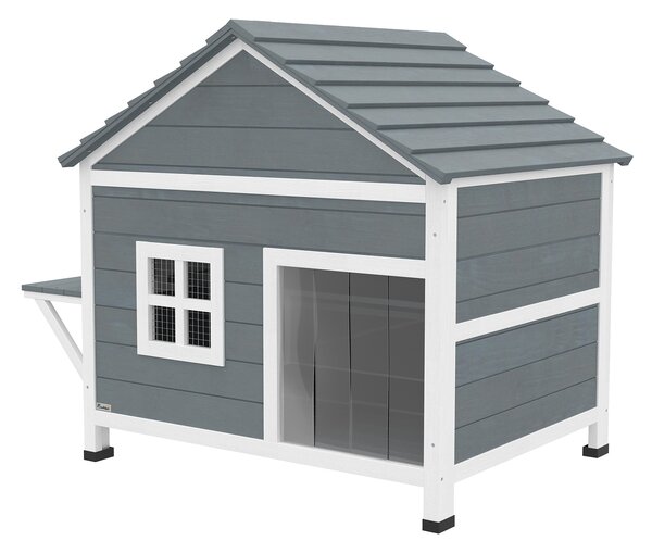 PawHut Casa per gatti in legno 2 piani Tana per gatti con tetto impermeabile apribile, piattaforma laterale, 101x72,5x81cm, Grigio | Aosom Italy