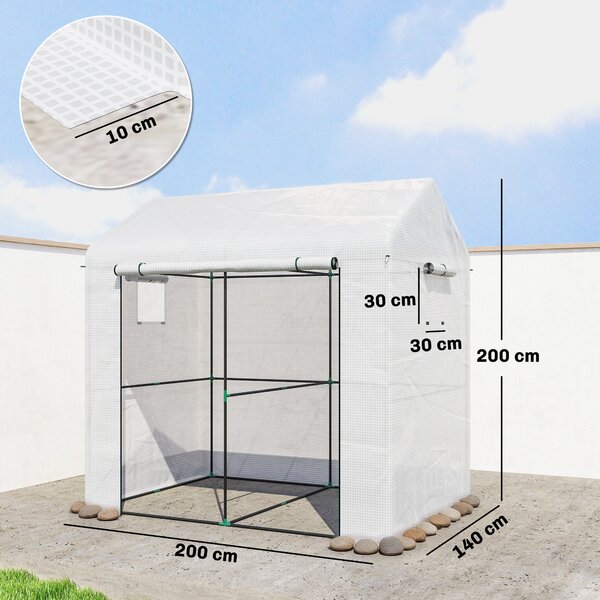 Outsunny Serra da giardino in PE, serra da balcone, telo rinforzato 135 g/m², telaio in acciaio, porta con zip, 200 x 140 x 200 cm, bianco | Aosom Italy