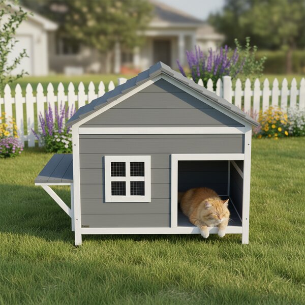 PawHut Casa per gatti in legno 2 piani Tana per gatti con tetto impermeabile apribile, piattaforma laterale, 101x72,5x81cm, Grigio | Aosom Italy