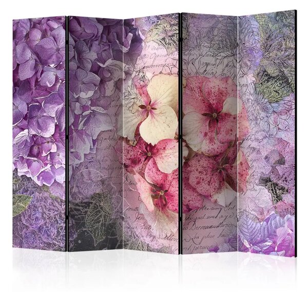 Paravento design Ricordo II - fiori multicolori e scritte sullo sfondo