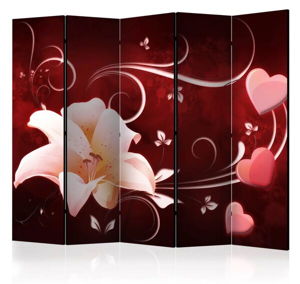Paravento design Messaggio d'amore II - giglio e cuori su sfondo rosso
