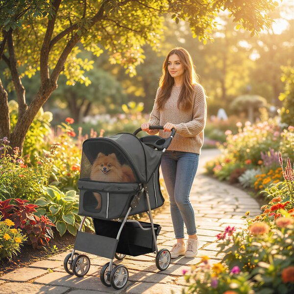 PawHut Passeggino per cani pieghevole passeggino con strisce riflettenti cestino portaoggetti cuscino per cani piccoli fino a 10 kg 77x44x102 cm Grigio scuro | Aosom Italy