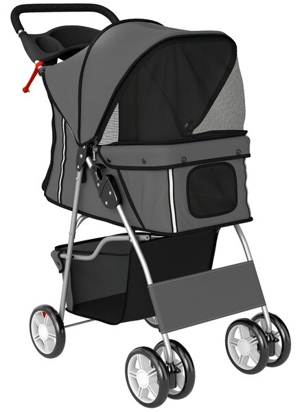 PawHut Passeggino per cani pieghevole passeggino con strisce riflettenti cestino portaoggetti cuscino per cani piccoli fino a 10 kg 77x44x102 cm Grigio scuro | Aosom Italy