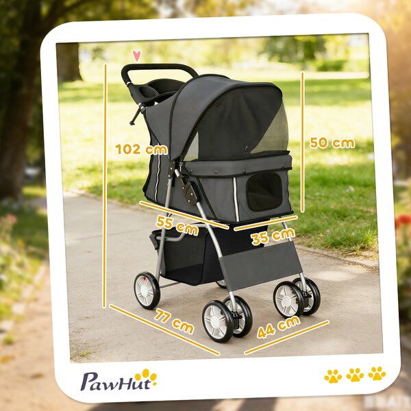 PawHut Passeggino per cani pieghevole passeggino con strisce riflettenti cestino portaoggetti cuscino per cani piccoli fino a 10 kg 77x44x102 cm Grigio scuro | Aosom Italy