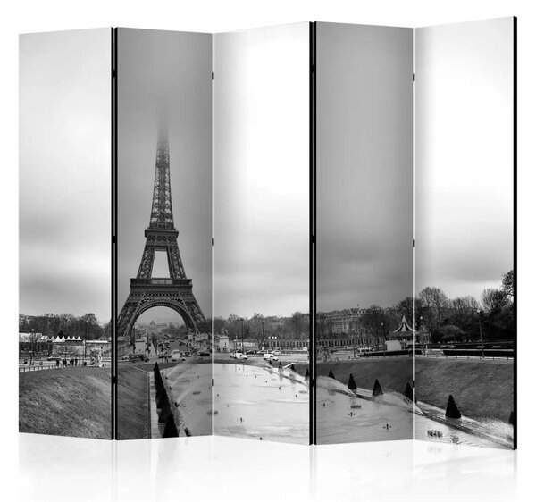 Paravento separè Torre nella nebbia II - scena in bianco e nero di Parigi