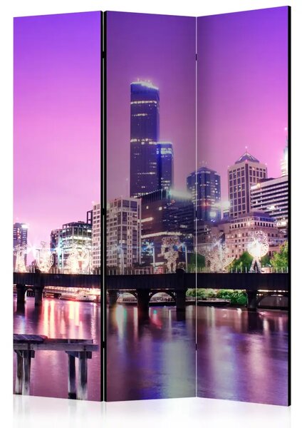 Paravento separè Melbourne viola - grattacieli su sfondo viola