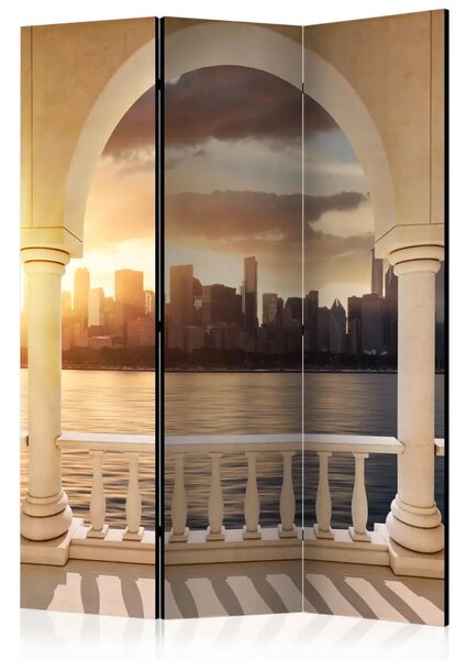 Paravento separè Sogno di New York - fiume e città vista dietro le colonne