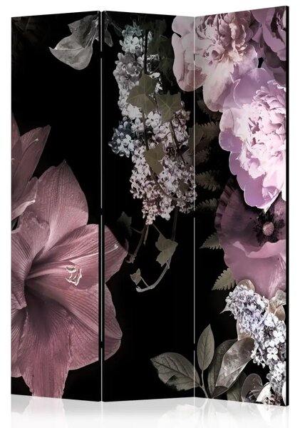 Paravento design Fiori del passato - fiori e foglie colorati nel nero