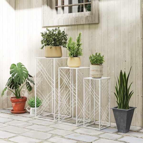Outsunny Set da 3 portavaso, altezza 50/60/70 cm, portafiori impilabile in metallo, Bianco | Aosom Italy