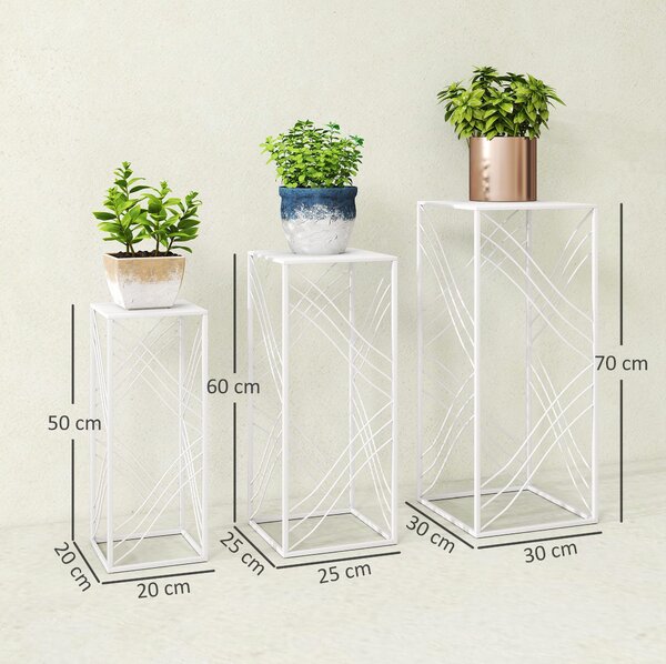 Outsunny Set da 3 portavaso, altezza 50/60/70 cm, portafiori impilabile in metallo, Bianco | Aosom Italy