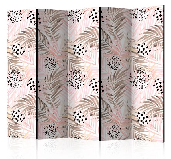 Paravento design Palme rosa II - foglie tropicali con tocchi d'oro e bronzo