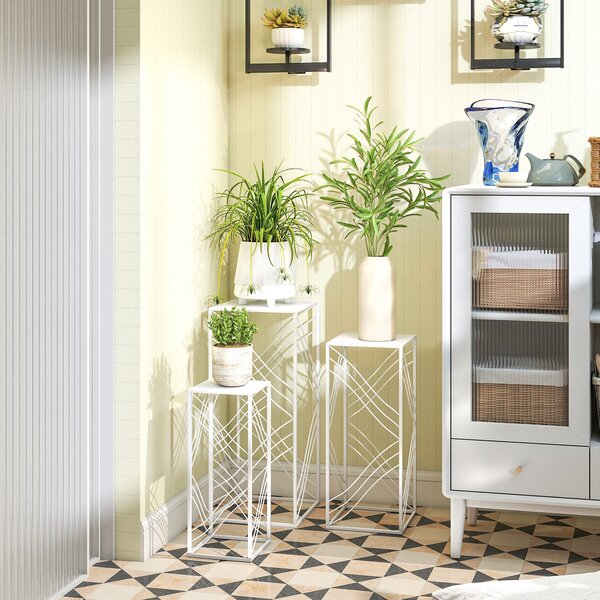 Outsunny Set da 3 portavaso, altezza 50/60/70 cm, portafiori impilabile in metallo, Bianco | Aosom Italy