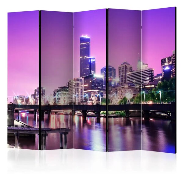 Paravento separè Melbourne viola II - grattacieli su sfondo notturno