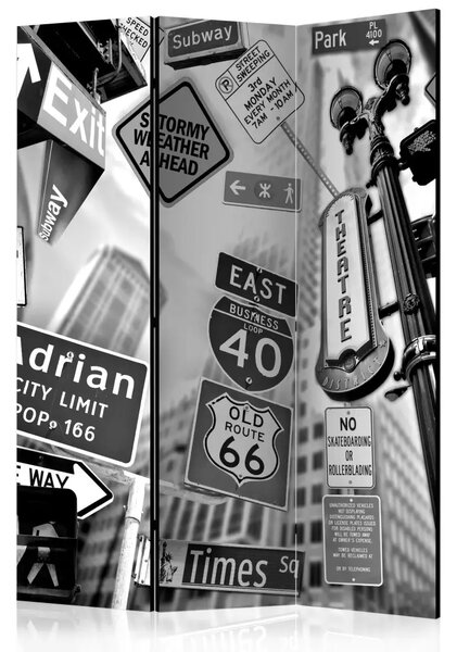 Paravento separè Strade di Manhattan - segnaletica stradale in bianco e nero
