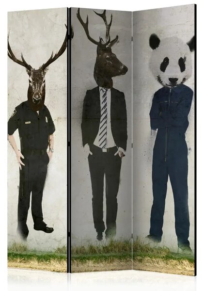 Paravento Uomo o animale - tre figure umane con teste di animali