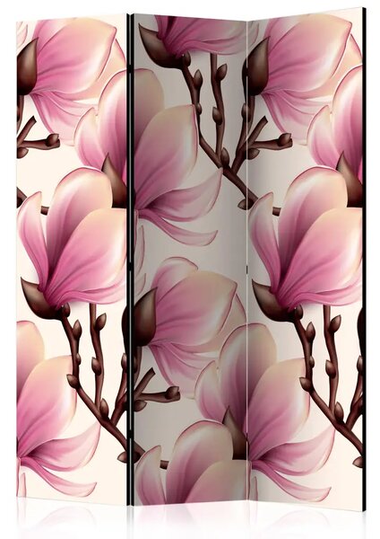 Paravento Magnolie in fiore - fiori rosa tra rami marroni