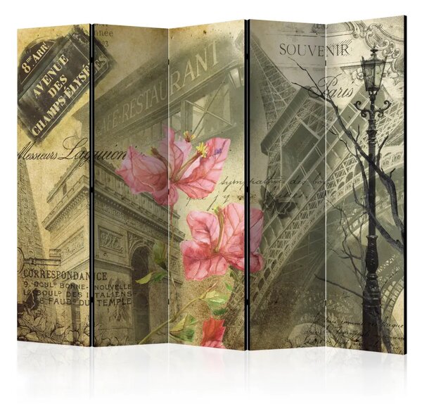 Paravento design Bonjour Paris! II - collage vintage con fiori e monumenti