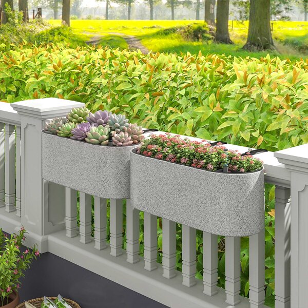 Outsunny Set da 2 Vasi Appendibili con Sistema di Drenaggio Foro e Ganci 42 x 16 x 15 cm Grigio Chiaro | Aosom Italy