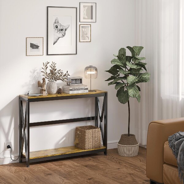DecHome Consolle Ingresso Design Industriale con Prese di Corrente e USB in Legno e Acciaio Dimensioni 100x24x75 cm colore Marrone