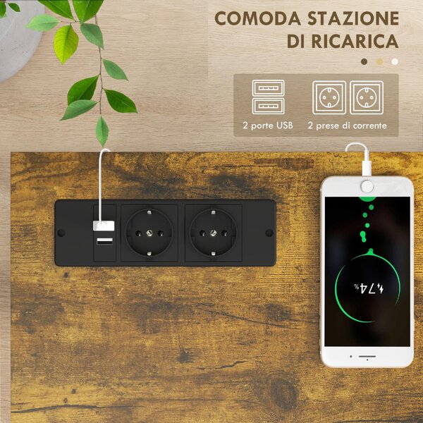 DecHome Consolle Ingresso Design Industriale con Prese di Corrente e USB in Legno e Acciaio Dimensioni 100x24x75 cm colore Marrone