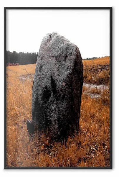 Poster: Indicazione stradale - paesaggio con pietra nera su prato dorato