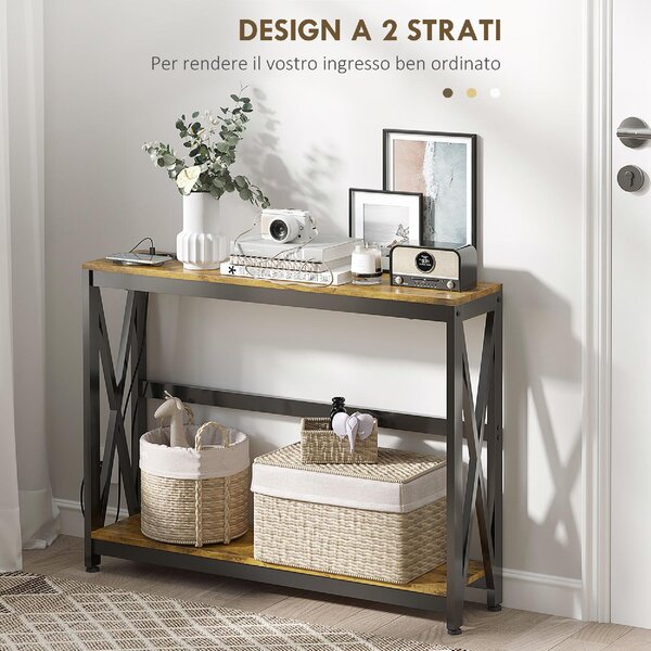 DecHome Consolle Ingresso Design Industriale con Prese di Corrente e USB in Legno e Acciaio Dimensioni 100x24x75 cm colore Marrone