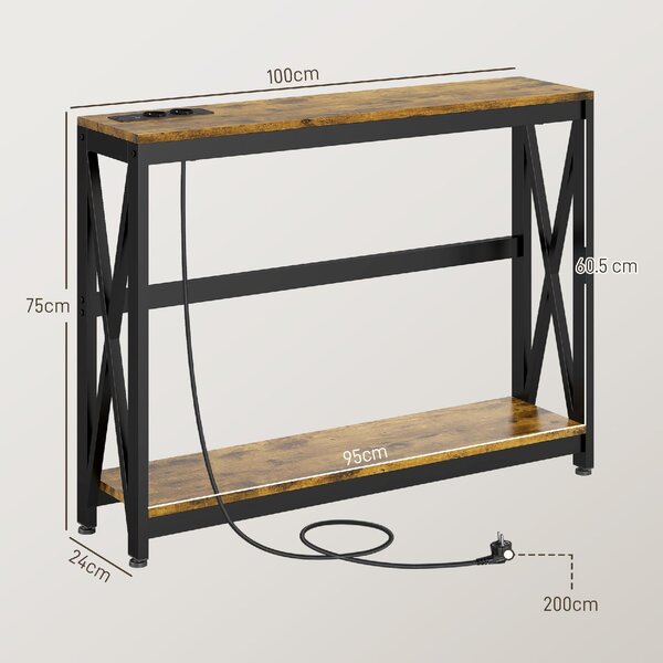 DecHome Consolle Ingresso Design Industriale con Prese di Corrente e USB in Legno e Acciaio Dimensioni 100x24x75 cm colore Marrone